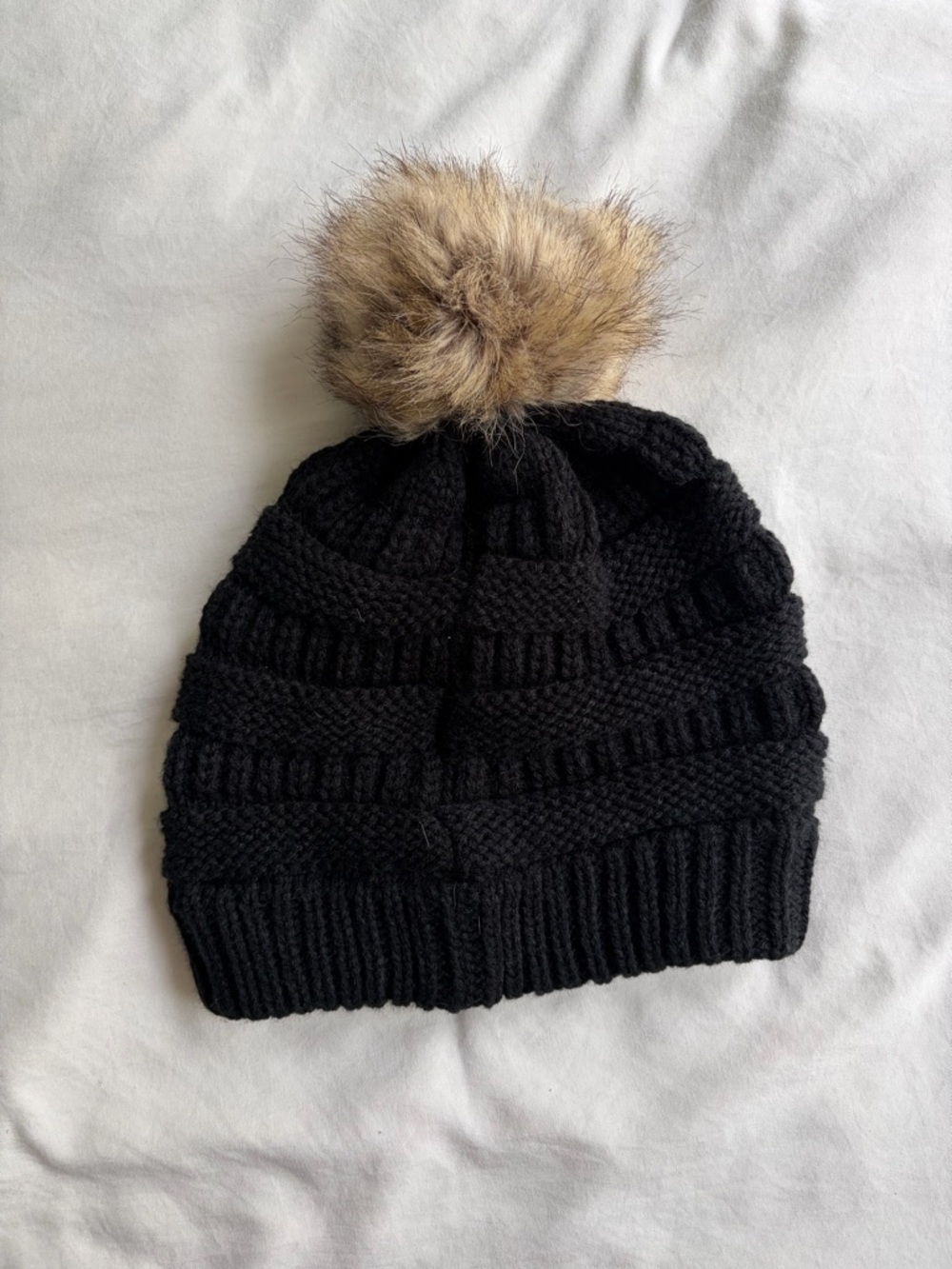 C.C Kids Black Knit Beanie with Tan Faux Fur Pom - Picture 2 of 3